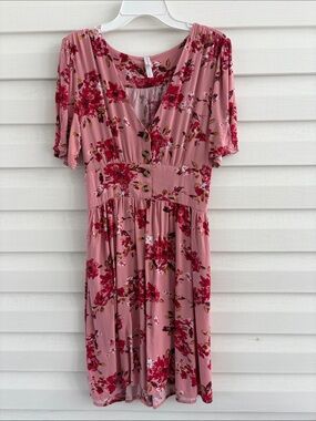 Xhilaration Pink Floral V-Neck Button Front Mini Dress Boho Cottagecore Summer